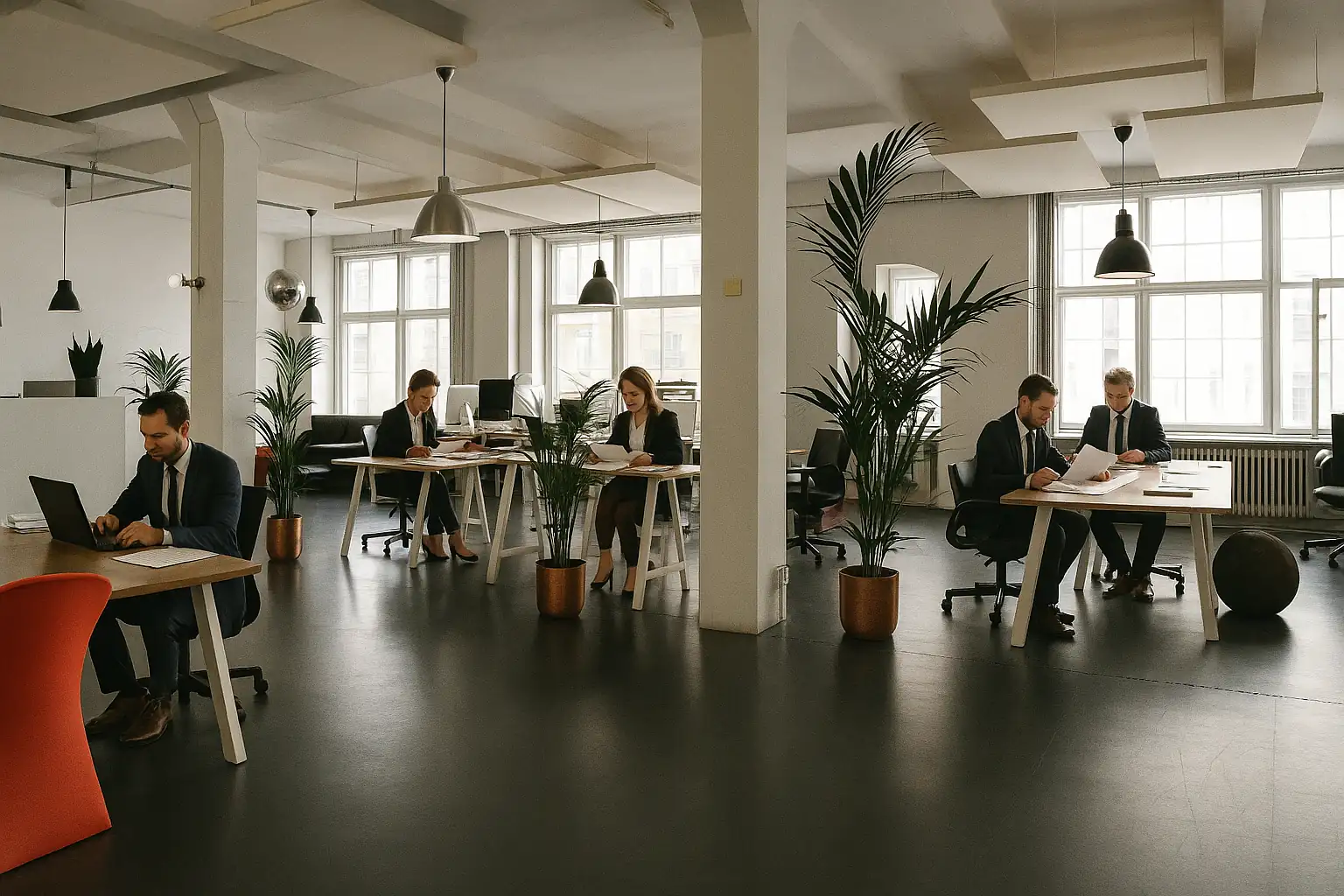 Wnętrze biura z osobami w tle, zajętymi pracą