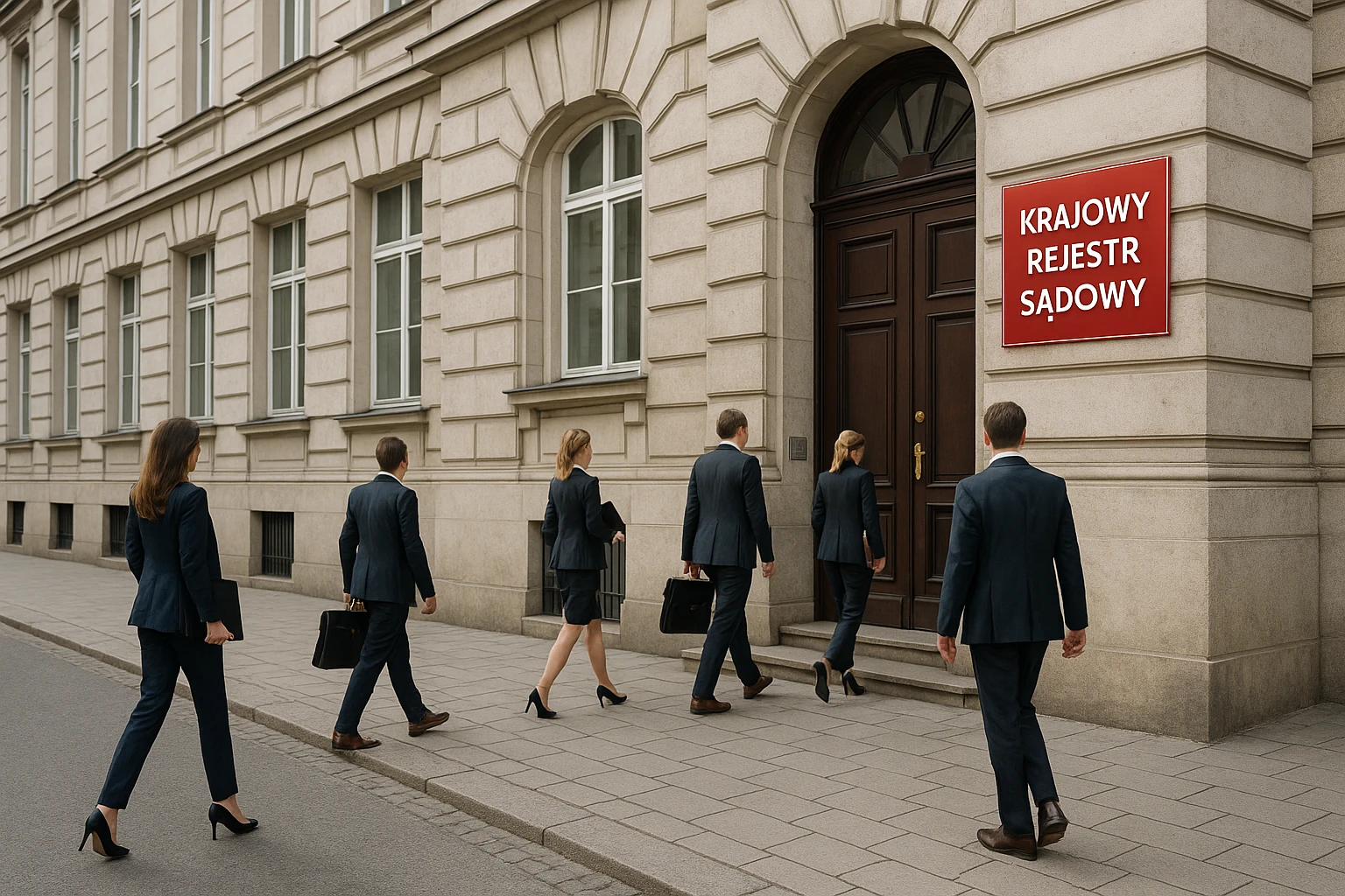 Przedsiębiorcy przy wejściu do sądu rejestrowego KRS