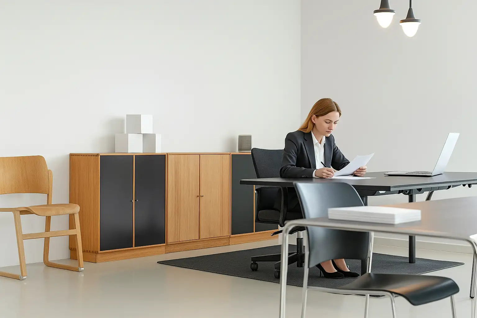 Kobieta przy biurku - dokumenty zmiana wpisu do KRS